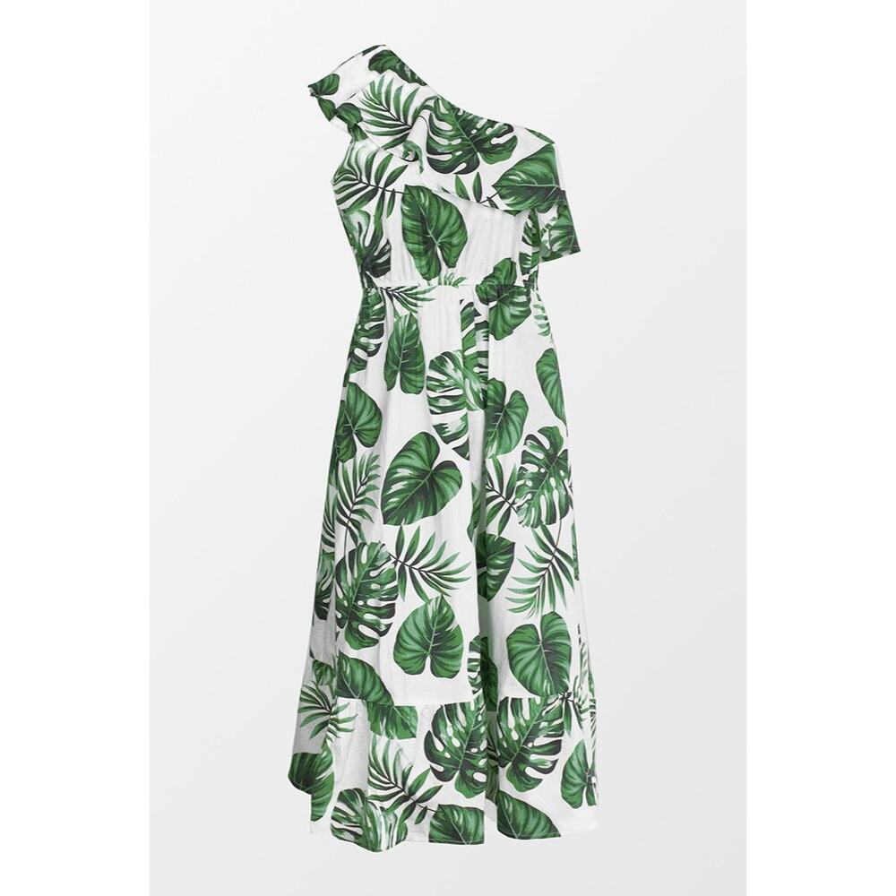 Cupshe Tropical One Shoulder Cotton Ruffle Leaf Print Midi Coverup Dress XS - Picture 6 of 7